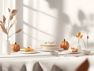 Stylish Thanksgiving Table Setup with Pie and Autumn Leaves