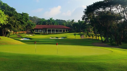 An exclusive golf course with manicured greens and scenic views, Golf clubs neatly aligned near a luxurious clubhouse, Classic elegance style