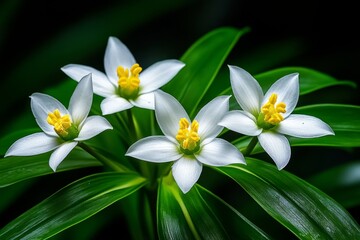 Fototapeta premium Iberis blooms in a close-up shot, their white petals standing out against dark green leaves
