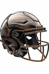 Modern black and bronze football helmet with sleek design and a metallic finish, featuring a protective face mask and detailed textures
