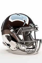 Fototapeta premium Sleek chrome football helmet with a highly reflective finish and sturdy face mask, showcasing a modern and futuristic design