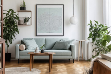 stylish living room featuring light blue sofa adorned with cushions, round coffee table, and various indoor plants. wall art adds modern touch to cozy atmosphere