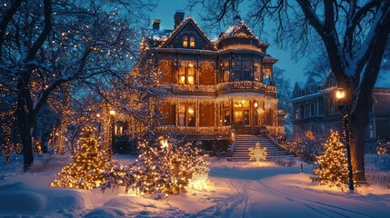 Fototapeta premium Beautiful Christmas Lights Adorning a Historic Home