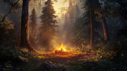 Fototapeta premium A lambent campfire in the middle of a forest, its warm light gently illuminating the trees and surrounding area.