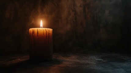 A lambent candle glowing in a dark room, casting soft shadows on the walls and creating a peaceful atmosphere.