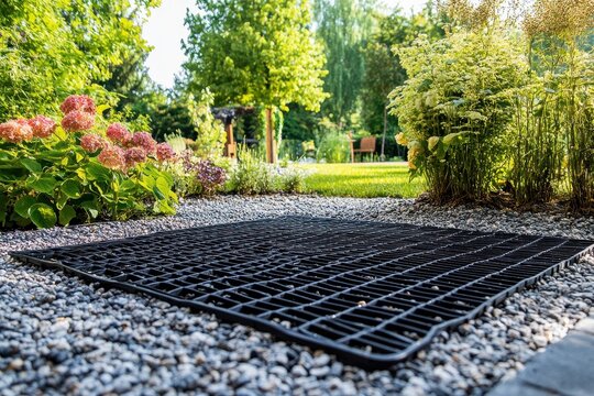 A plastic grid for gravel driveways safeguards the ground and keeps the gravel in place