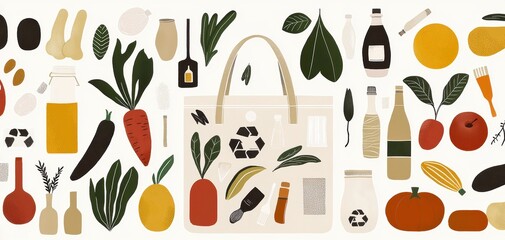 Illustration of an eco bag with recycling symbols and nature patterns, emphasizing the importance of reducing plastic use