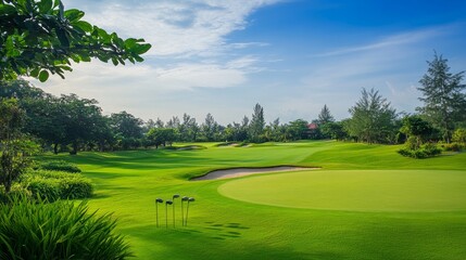 Obraz premium An exhilarating golf course with vibrant fairways and lush greens, Golf clubs arranged near a scenic tee box, Sporting elegance style