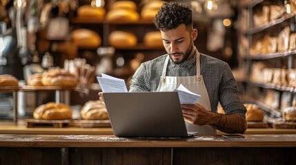 A man in an apron reviews documents while seated at a laptop in a bakery filled with baked goods.