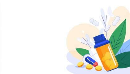 Illustration of pill bottles with different colored capsules and tablets spilling out, representing a pharmacy setting