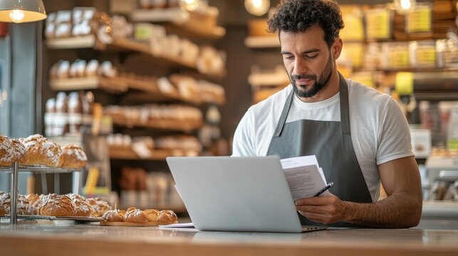 A focused individual works on a laptop in a cozy bakery, surrounded by fresh pastries and baked goods.