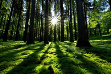 Lush forest with sunlight streaming through tall trees, casting shadows on a carpet of moss and ferns