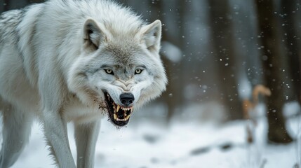 Obraz premium A close-up of a fierce-looking white wolf in a snowy forest setting.