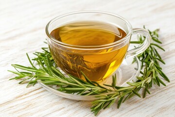 A rustic white wooden setting features a glass of healthy rosemary tea alongside fresh rosemary embodying a winter herbal drink idea