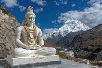 Fototapeta premium Lord Shiva in meditation pose at a mountaintop, surrounded by flowing rivers and mountains, highlighting spirituality and peace