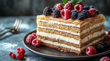 A delicious layered cake topped with fresh berries and mint on a dark plate.