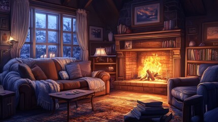 A lambent fire casting a warm glow on a cozy living room, with detailed textures of the furniture illuminated.