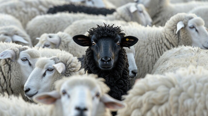 Obraz premium Single black sheep between flock crowd of white sheep. Stand out from the crowd, be different from everyone else concept 