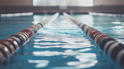 A swimming pool's starting block with water surface, indoor setting with lane markers, Clean style
