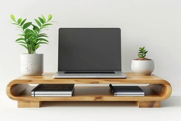 Fototapeta premium A wooden desk with a closed laptop, notebook, and potted plant isolated on white