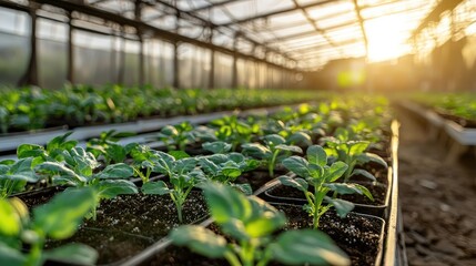 Vibrant Greenhouse with Rows of Thriving Plants