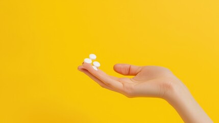 Fototapeta premium Person holding a handful of pills of various shapes and colors, symbolizing daily vitamins and medication intake