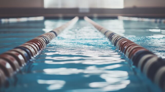 A swimming pool's starting block with water surface, indoor setting with lane markers, Clean style
