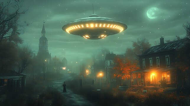 A UFO hovers over a small town at night, casting an eerie glow on the buildings and streets.