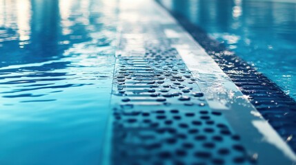 Obraz premium A swimming pool's starting block with wet surface and reflections, outdoor setting with bright sunlight, Clean style