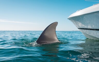 Fototapeta premium Shark fin swimming close to boat in ocean water