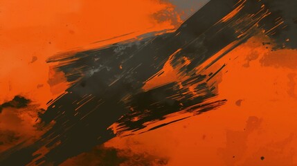 Vibrant abstract art featuring sweeping black brush strokes over an intense orange background, creating visual impact and depth.