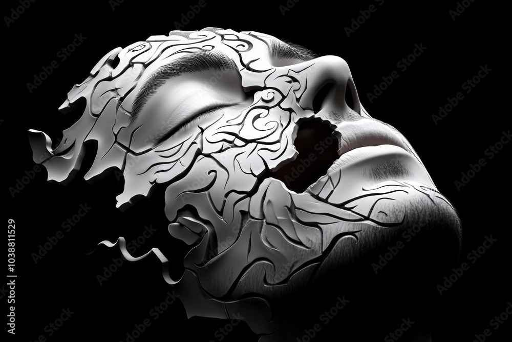 Poster personâ€™s face half in light and half in shadow, with intricate details of emotion on each side, re