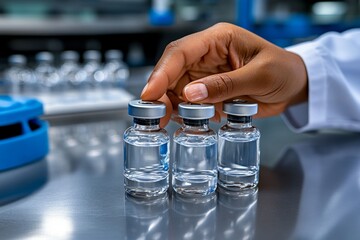 Pharmacist organizing vaccine vials in a pharmacy's cold storage unit, ensuring proper handling