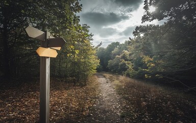 forest trail with stormy dark cloud on sky