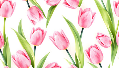 Obraz premium Seamless watercolor pattern with pink tulips on pastel background isolated with white highlights, png