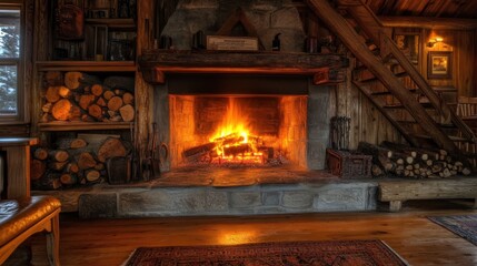 A lambent fireplace glowing softly in a rustic cabin, with detailed logs and a warm, inviting atmosphere.