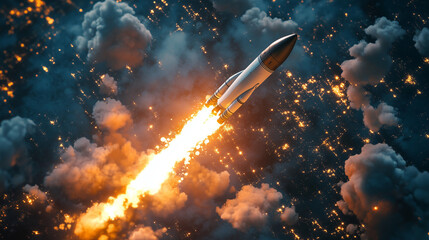 Fototapeta premium A rocket soaring high above the earths atmosphere through fluffy clouds. Concept Space Exploration.