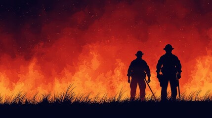 Fototapeta premium Firefighters standing in front of a raging wildfire, using firebreak tools, environmental protection firefighting concept, nature vs man