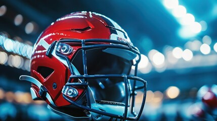 Fototapeta premium A close-up of a red football helmet, showcasing its design and features in a dynamic setting.