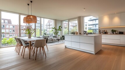 Fototapeta premium Modern Kitchen and Dining Room with City View