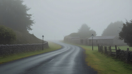 1..Fog in Village Serene Countryside Shrouded