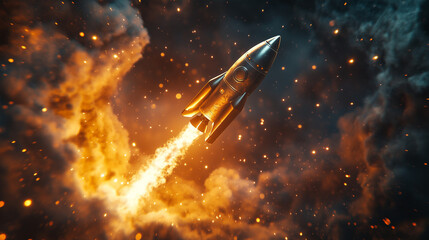 A rocket soaring high above the earths atmosphere through fluffy clouds. Concept Space Exploration.