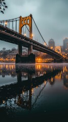Fototapeta premium Twilight Scene of an Empty Bridge with City Lights