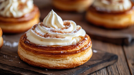 An elegant pastry adorned with rich cream and a sprinkle of sugar, capturing sophistication and flavor in a detailed portrait of culinary delight for a timeless appeal.