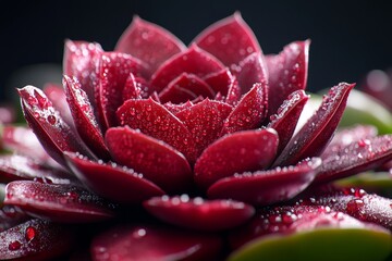 Sempervivum rosette in hyper-realistic detail, every leaf edge and water droplet captured with stunning clarity