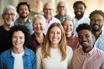 a diverse group of people from different ethnicities and ages standing together and smiling warmly. 