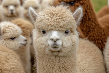 Obraz premium Adorable alpacas relaxing outdoors in Estonia Fluffy baby alpacas enjoying their paddock
