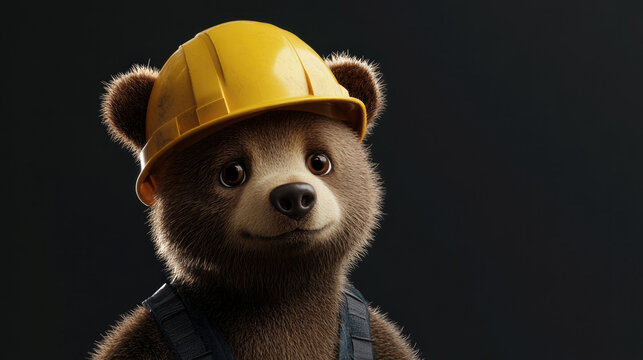 A smiling bear dressed in a yellow construction helmet against a dark background, exuding a friendly and approachable aura, perfect for heartwarming themes.