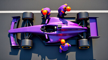 Overhead view of a racing team working on a purple race car during a pit stop. Motorsport crew preparing the vehicle for competition, showcasing teamwork and precision.
