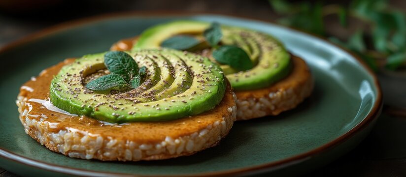 Healthy snack featuring avocado on rice cakes with honey and mint garnishes